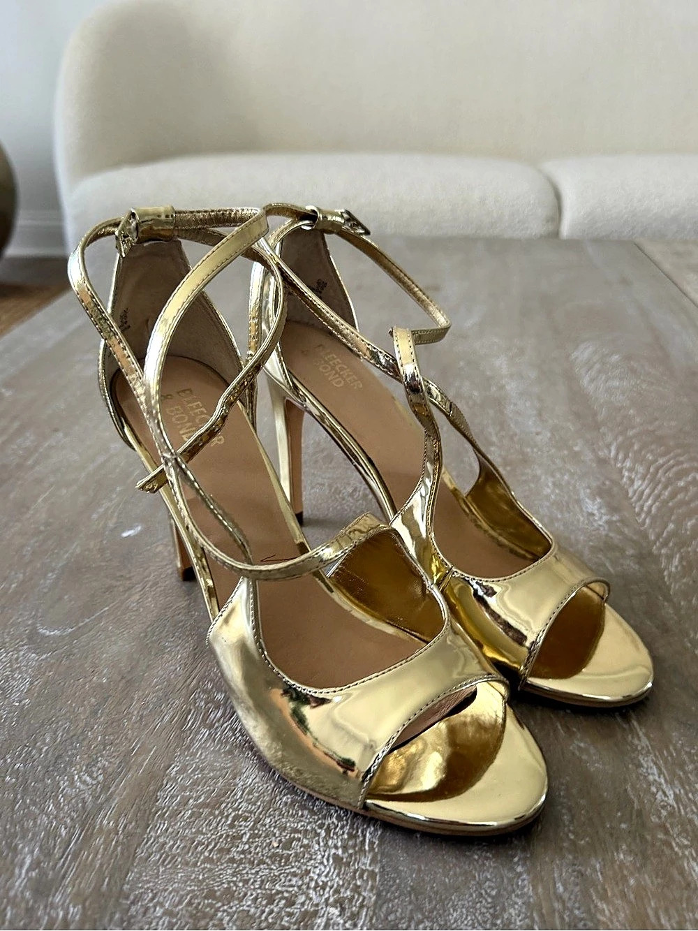 Bleecker & Bond Shoes Metallic Gold Patent Leather Strap Stiletto Maris Shoes Si
